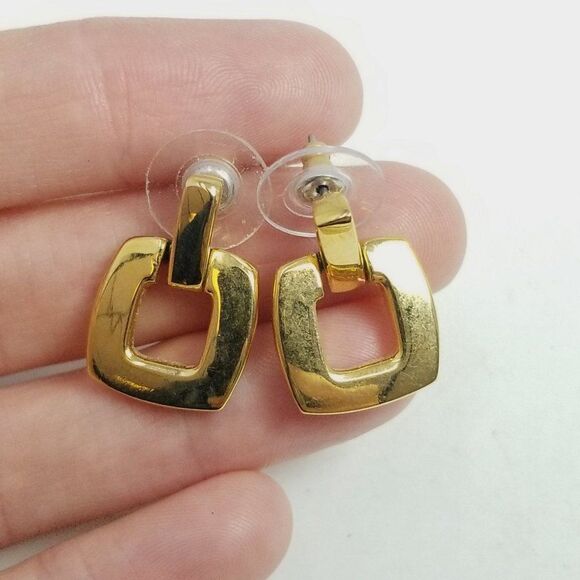 Vintage Anne Klein Gold Tone Square Door Knocker Dangle Stud Earrings, Estate - Picture 2 of 7